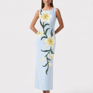 Lily Floral Print Sleeveless Column Maxi Dress - Light Blue