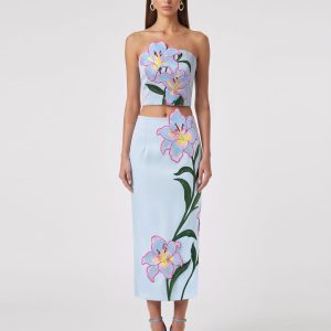 Lily Floral Embroidered Strapless Corset Top - Light Blue
