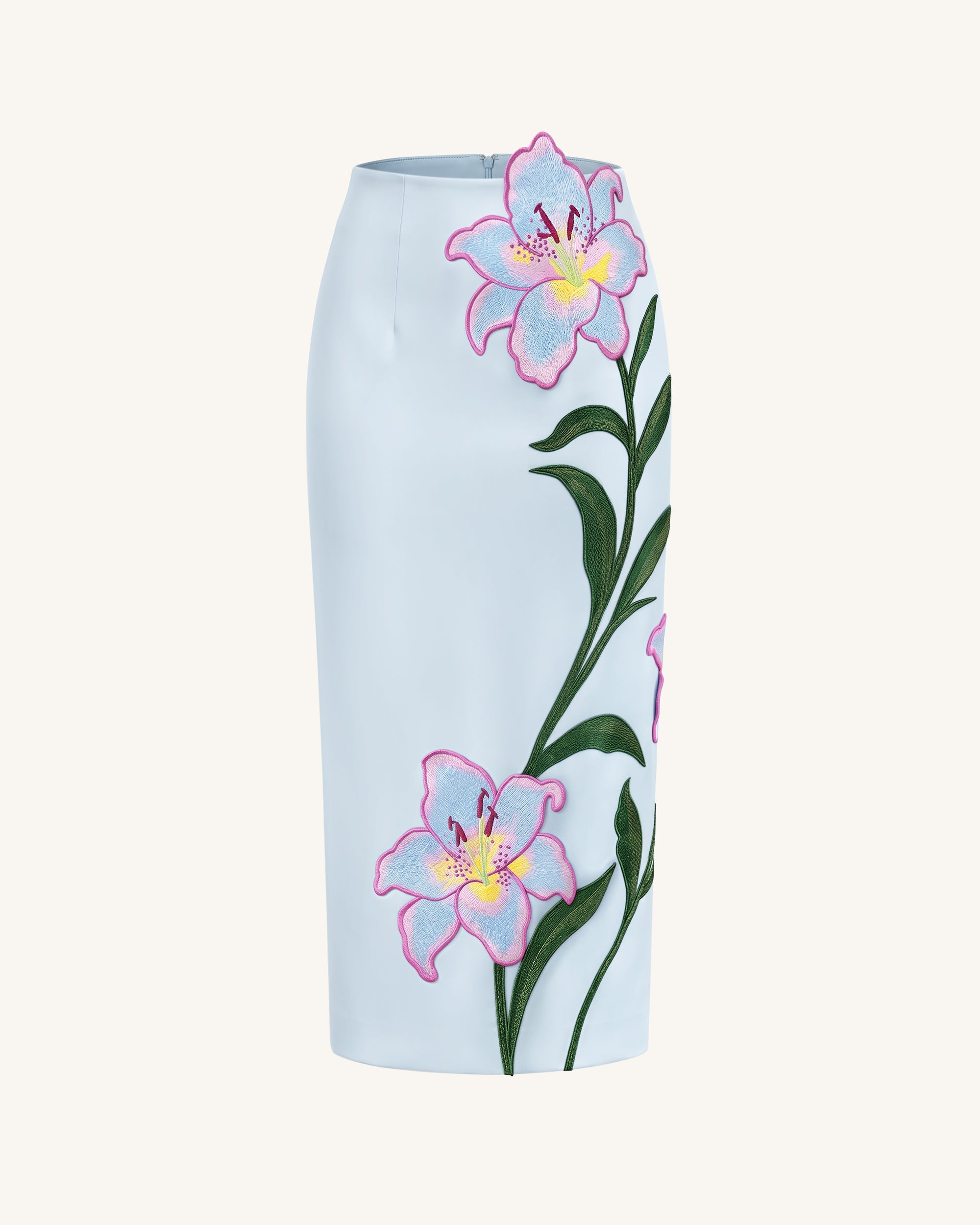 Lily Floral Embroidered High Waist Pencil Midi Skirt - Light Blue - Image 3