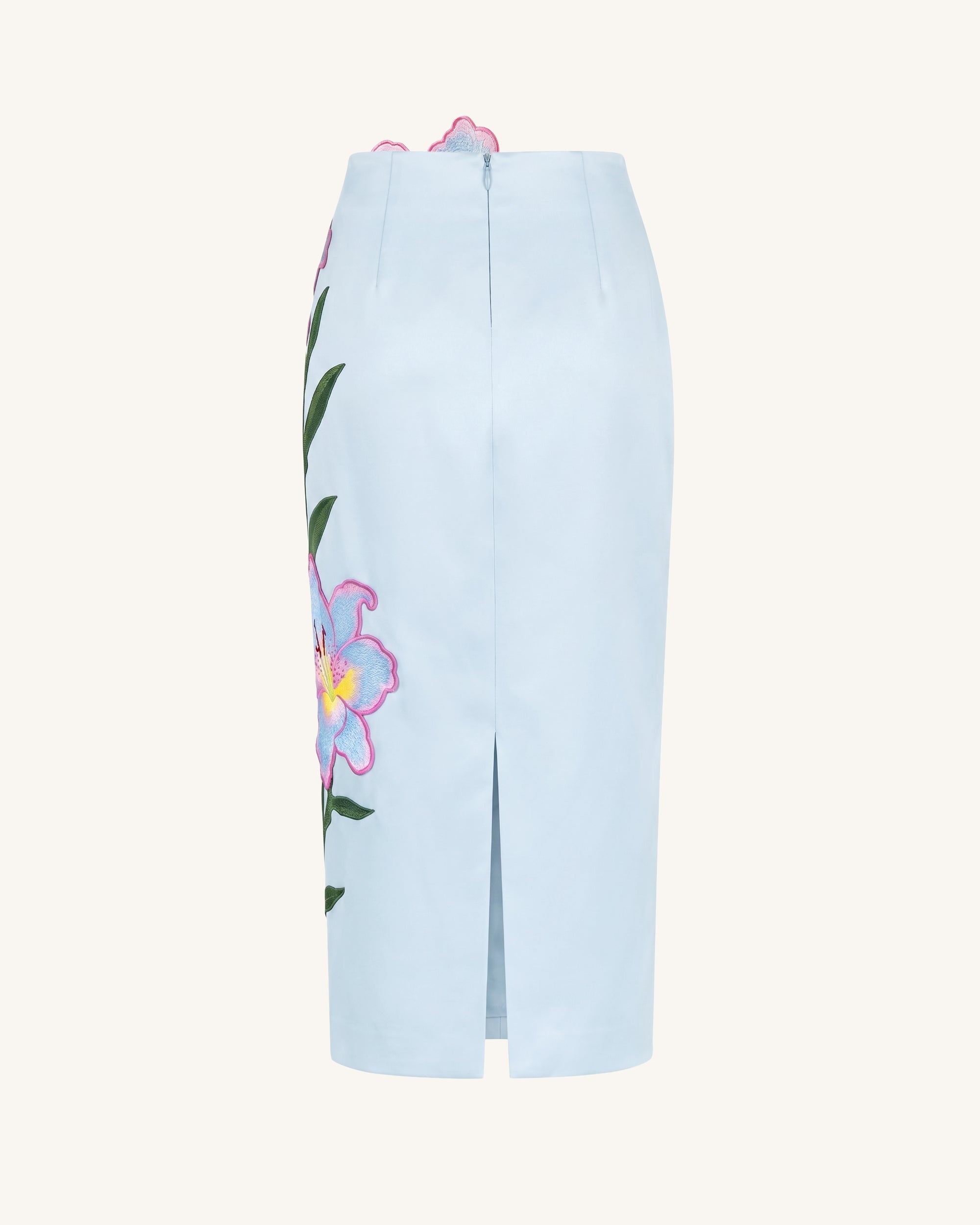 Lily Floral Embroidered High Waist Pencil Midi Skirt - Light Blue - Image 5
