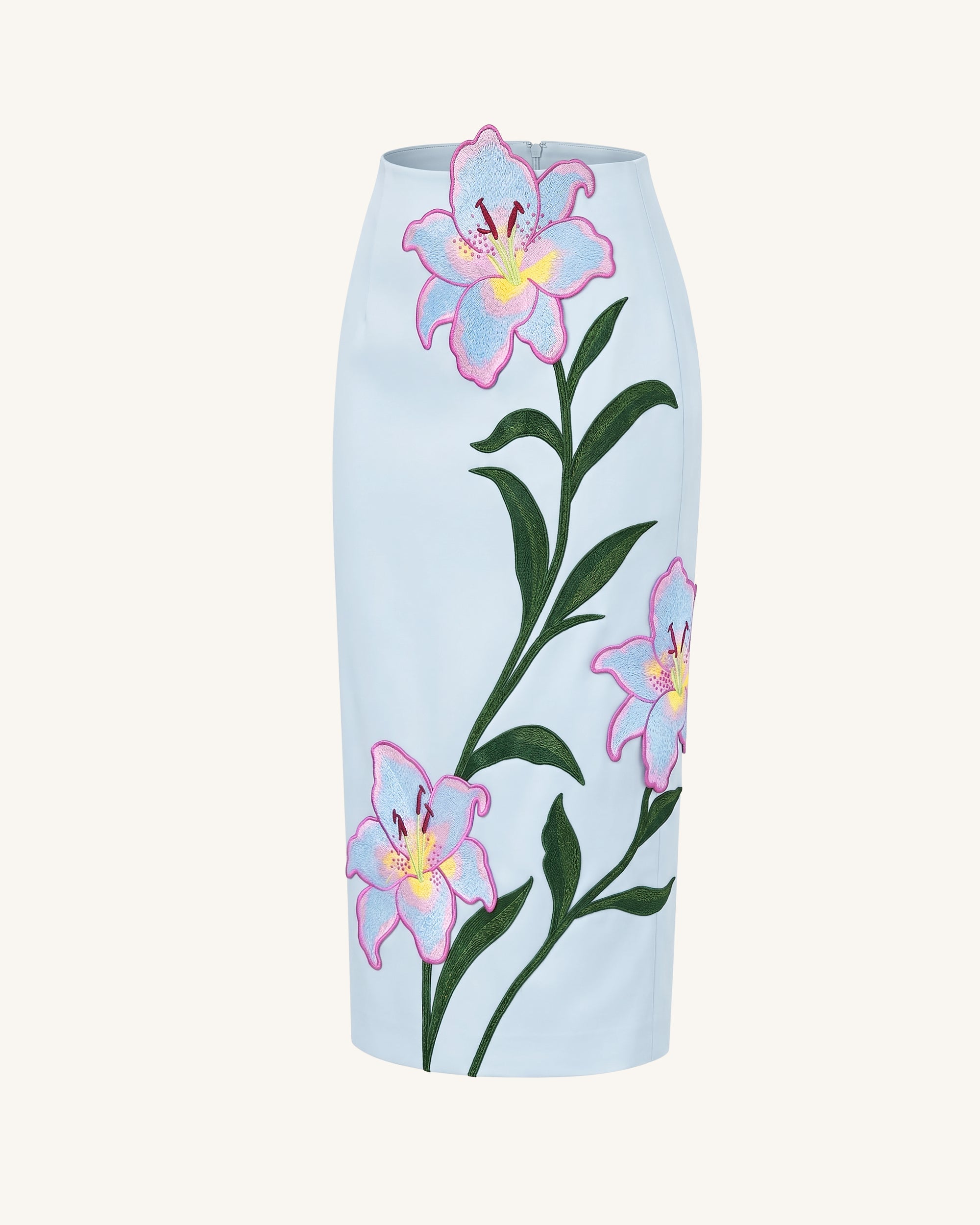 Lily Floral Embroidered High Waist Pencil Midi Skirt - Light Blue - Image 4