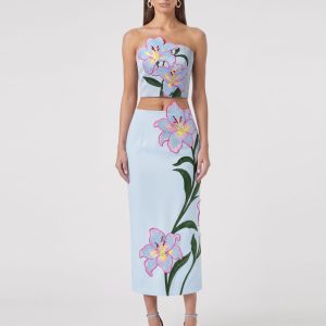 Lily Floral Embroidered High Waist Pencil Midi Skirt - Light Blue