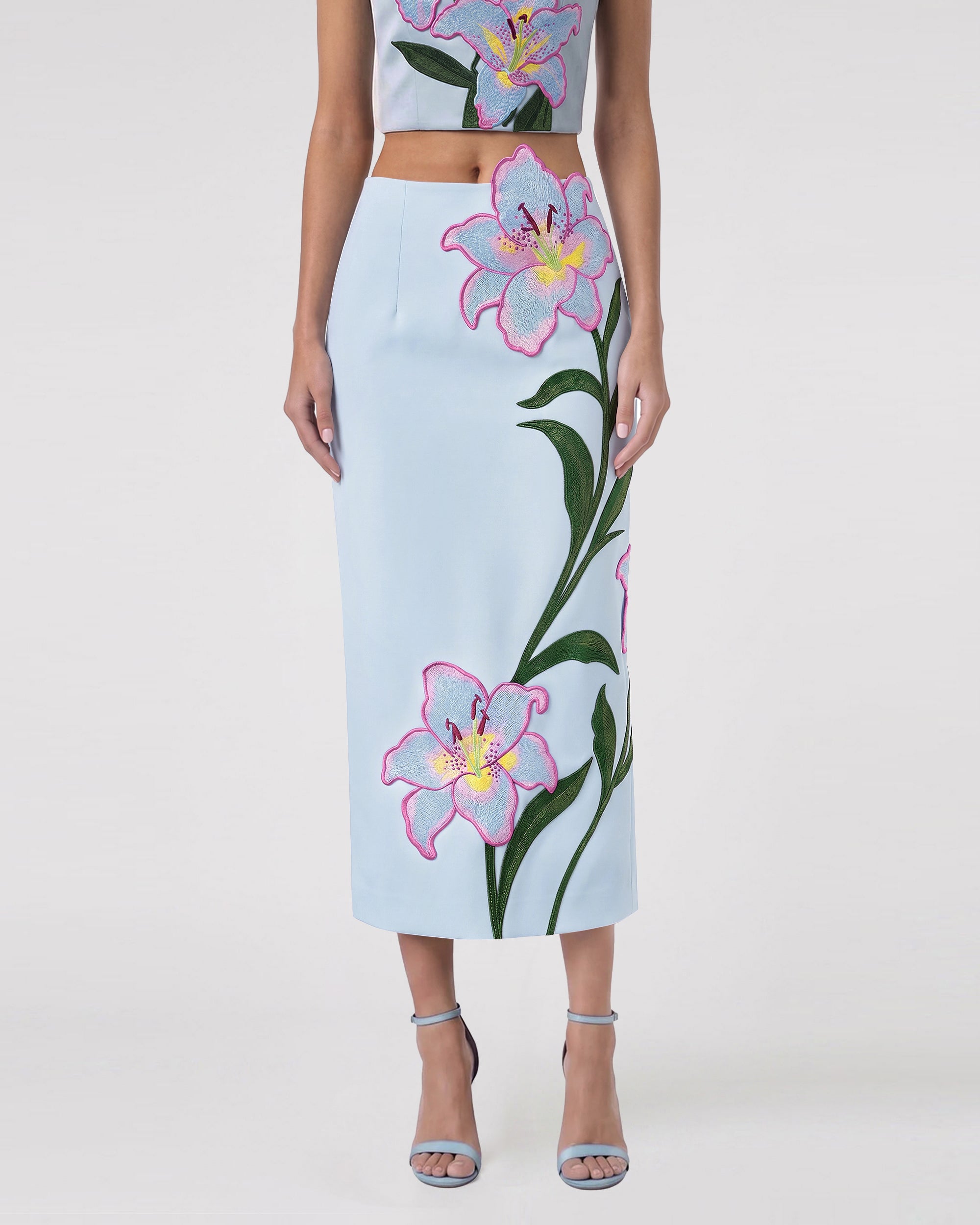 Lily Floral Embroidered High Waist Pencil Midi Skirt - Light Blue - Image 2