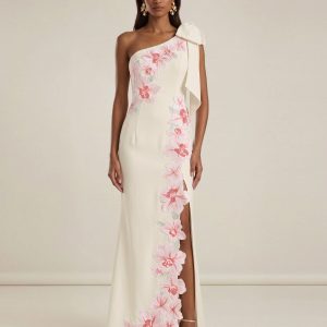 Flower Embroidered One-Shoulder Maxi Dress - Ivory