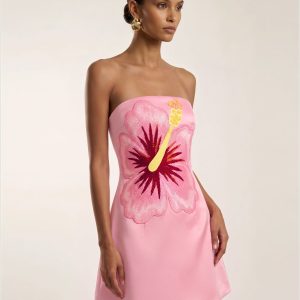 Hibiscus Embroidered Bandeau Mini Dress - Pink