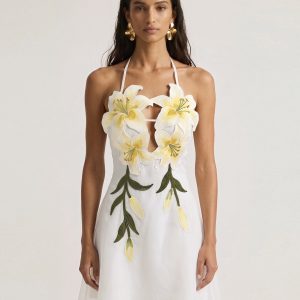 Lily-Embroidered Halter Mini Dress - White