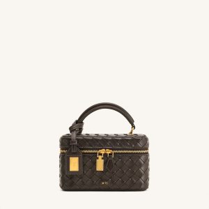 Cleo Woven Texture Box Shape Top Handle Bag - Dark Brown