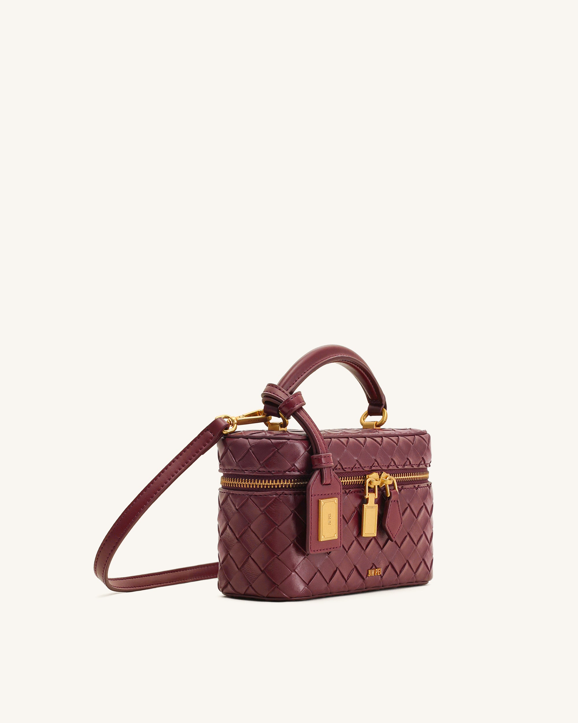 Cleo Woven Texture Box Shape Top Handle Bag - Claret - Image 2