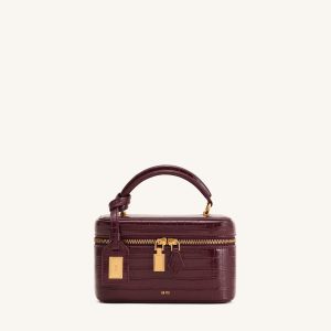 Cleo Box Shape Top Handle Bag - Claret Croc