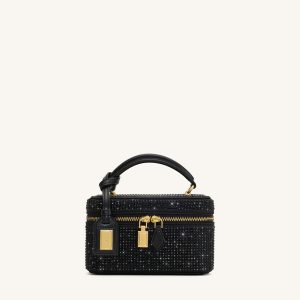 Cleo Artificial Crystal Box Shape Top Handle Bag - Black
