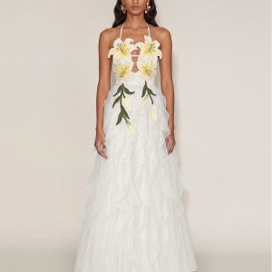 Lily-Embroidered Embroidered Halter Tiered Maxi Dress - White