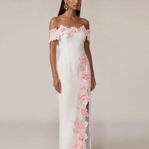 Flower Embroidered Off-Shoulder Maxi Dress - Ivory