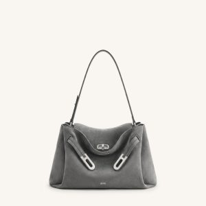 Rhea Faux Suede Double Buckle Shoulder Bag - Grey