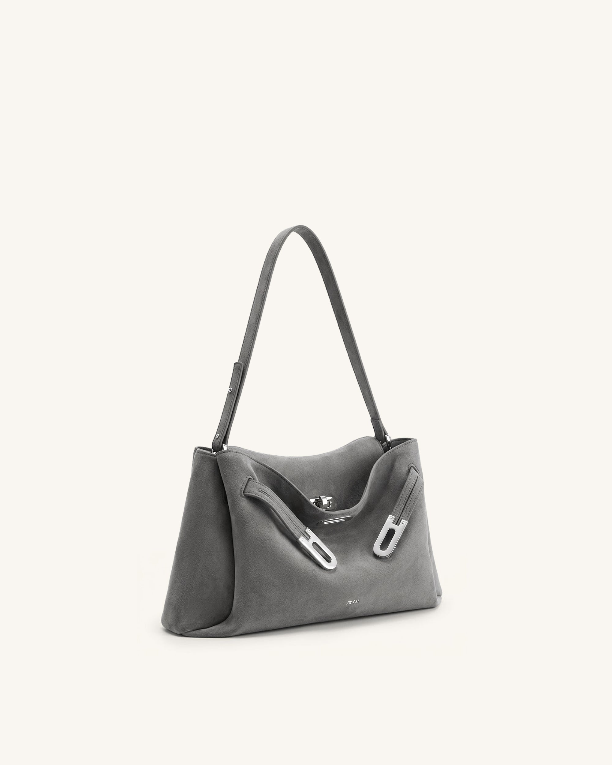 Rhea Faux Suede Double Buckle Shoulder Bag - Grey - Image 2