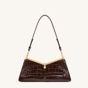 Nerina V-Frame Shoulder Bag - Dark Brown Croc