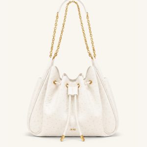 Rowan Faux Ostrich Grain Ruched Drawstring Chain Bucket Bag - Cream White