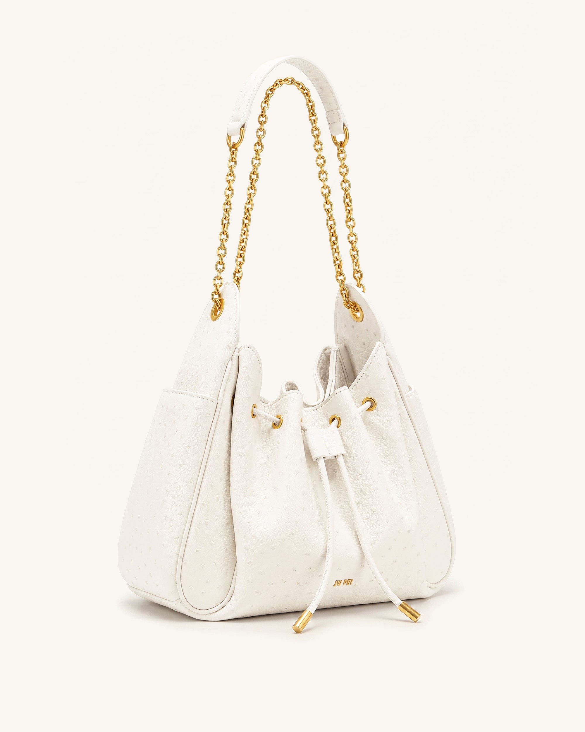 Rowan Faux Ostrich Grain Ruched Drawstring Chain Bucket Bag - Cream White - Image 2