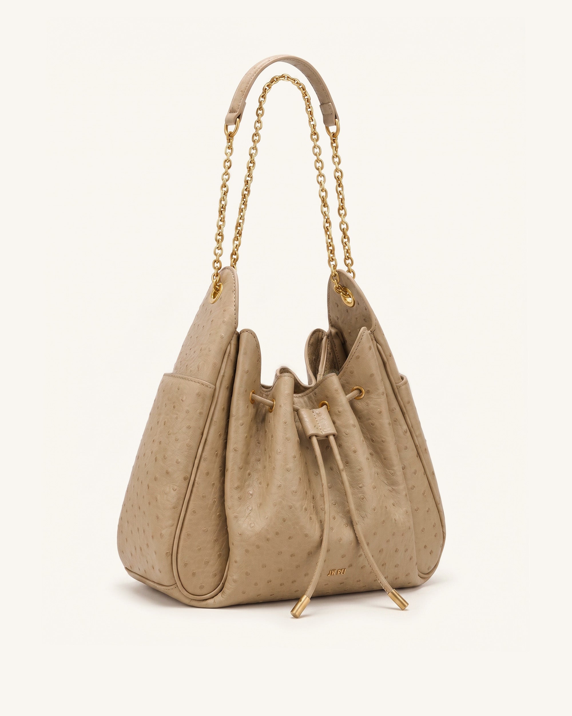 Rowan Faux Ostrich Grain Ruched Drawstring Chain Bucket Bag - Oak Brown - Image 2