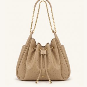 Rowan Faux Ostrich Grain Ruched Drawstring Chain Bucket Bag - Oak Brown