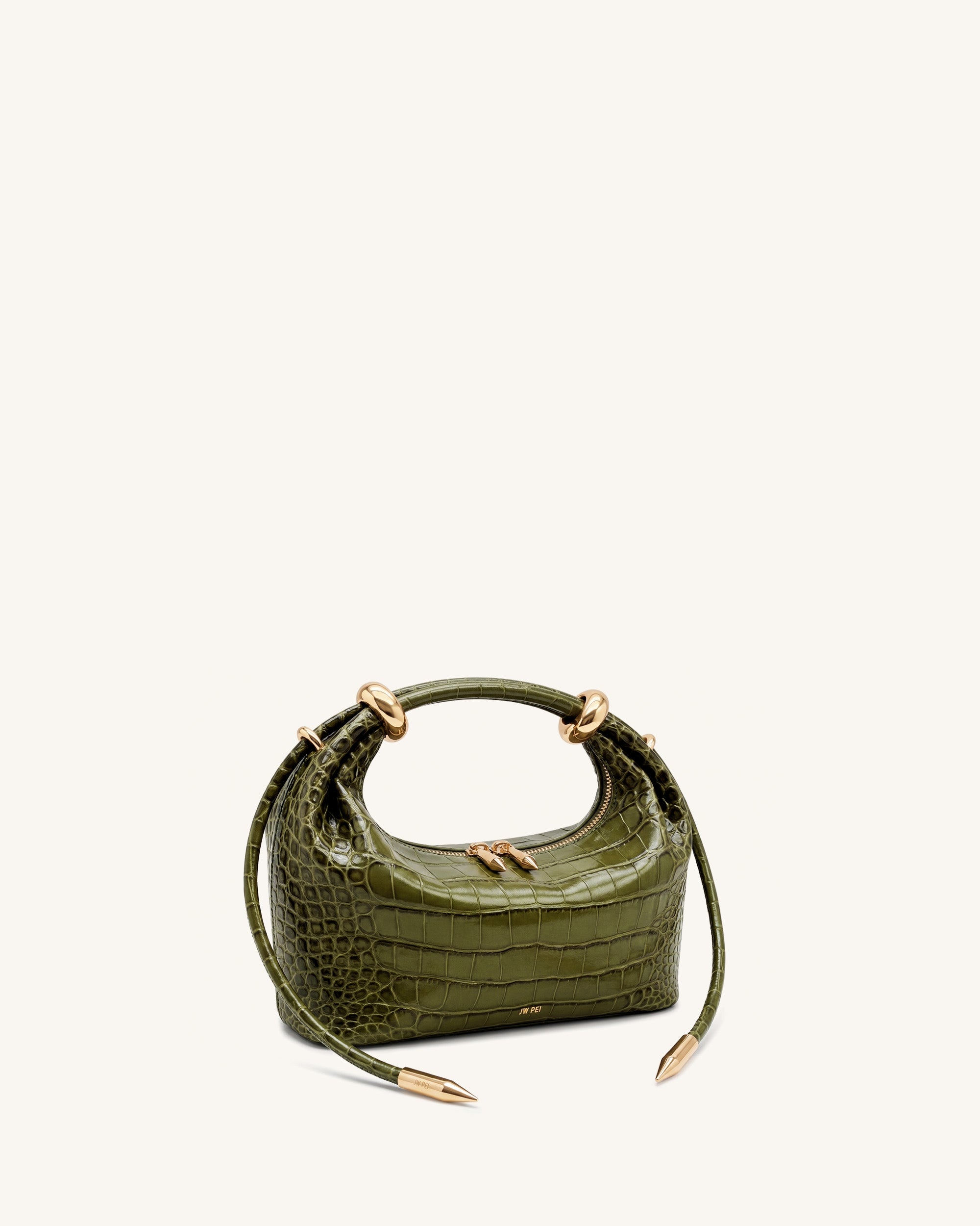 Ellie Metal Ring Embellished Top Handle Bag - Olive Green Croc - Image 2