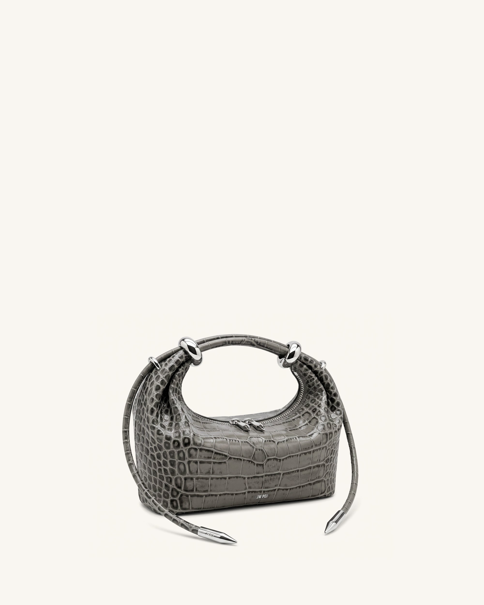 Ellie Metal Ring Embellished Top Handle Bag - Medium Gray Croc - Image 2