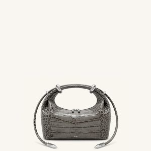 Ellie Metal Ring Embellished Top Handle Bag - Medium Gray Croc