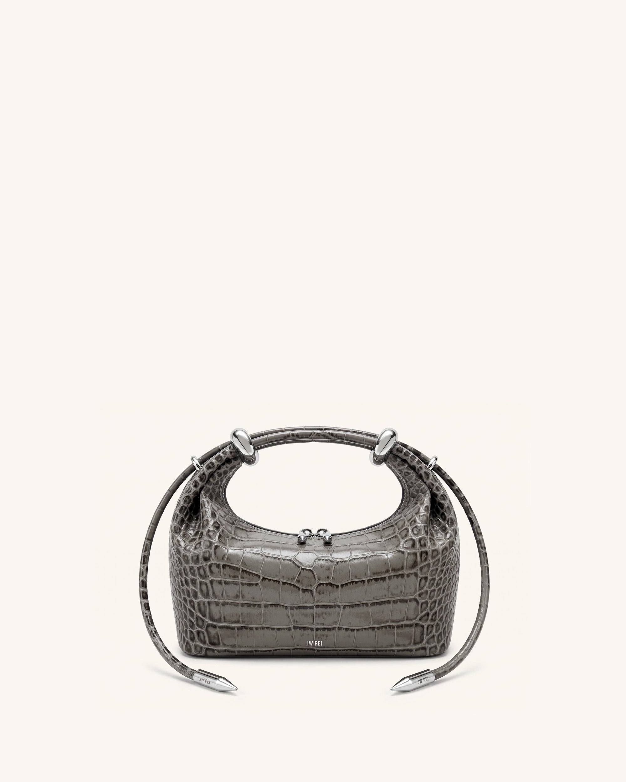 Ellie Metal Ring Embellished Top Handle Bag - Medium Gray Croc