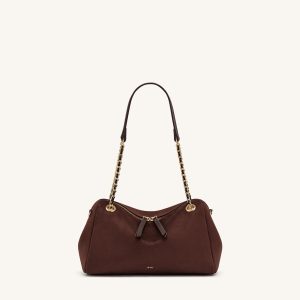 Mireya Faux Suede Chain Shoulder Bag - Dark Brown