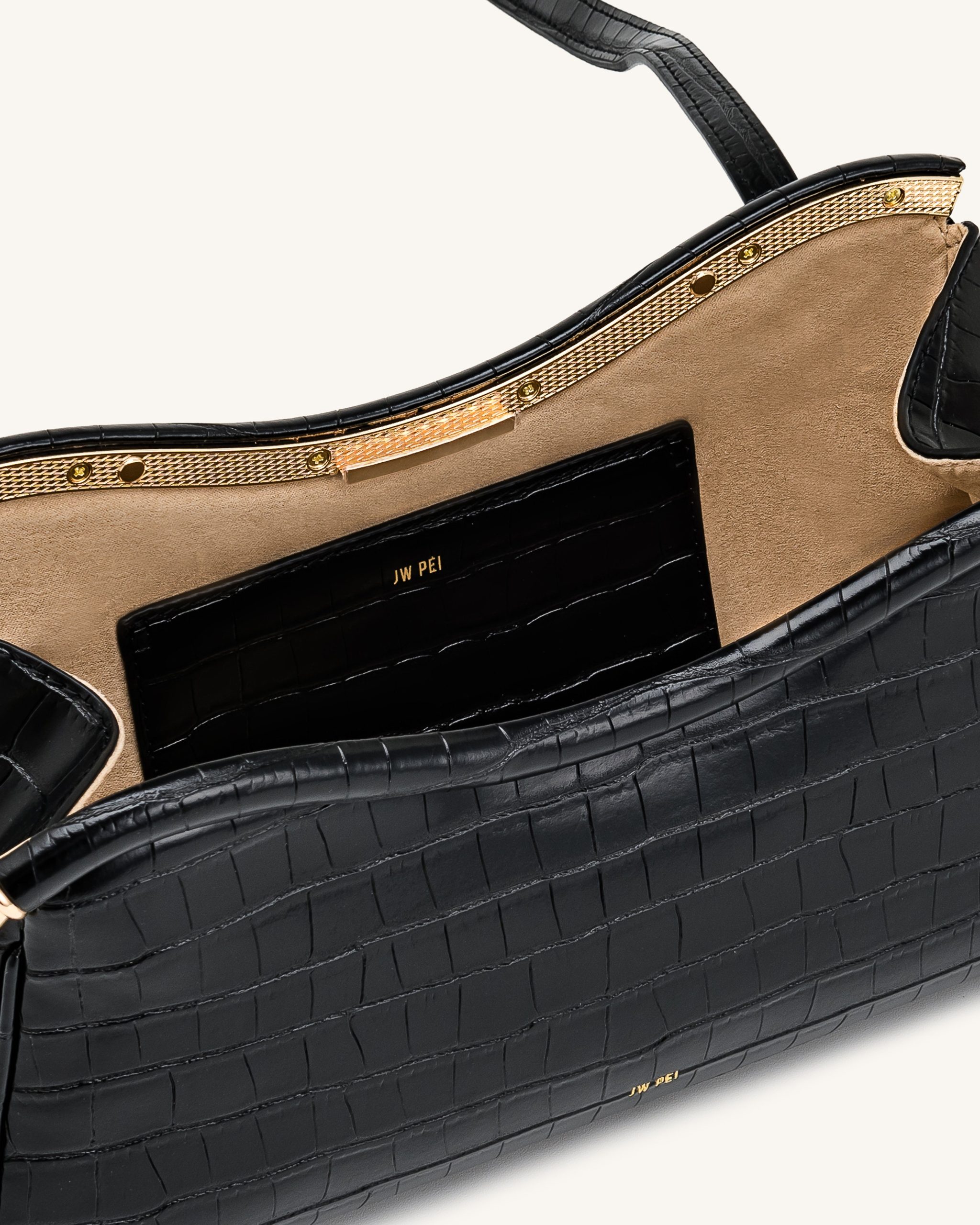 Naomi Curved Shoulder Bag - Black Croc - Image 4