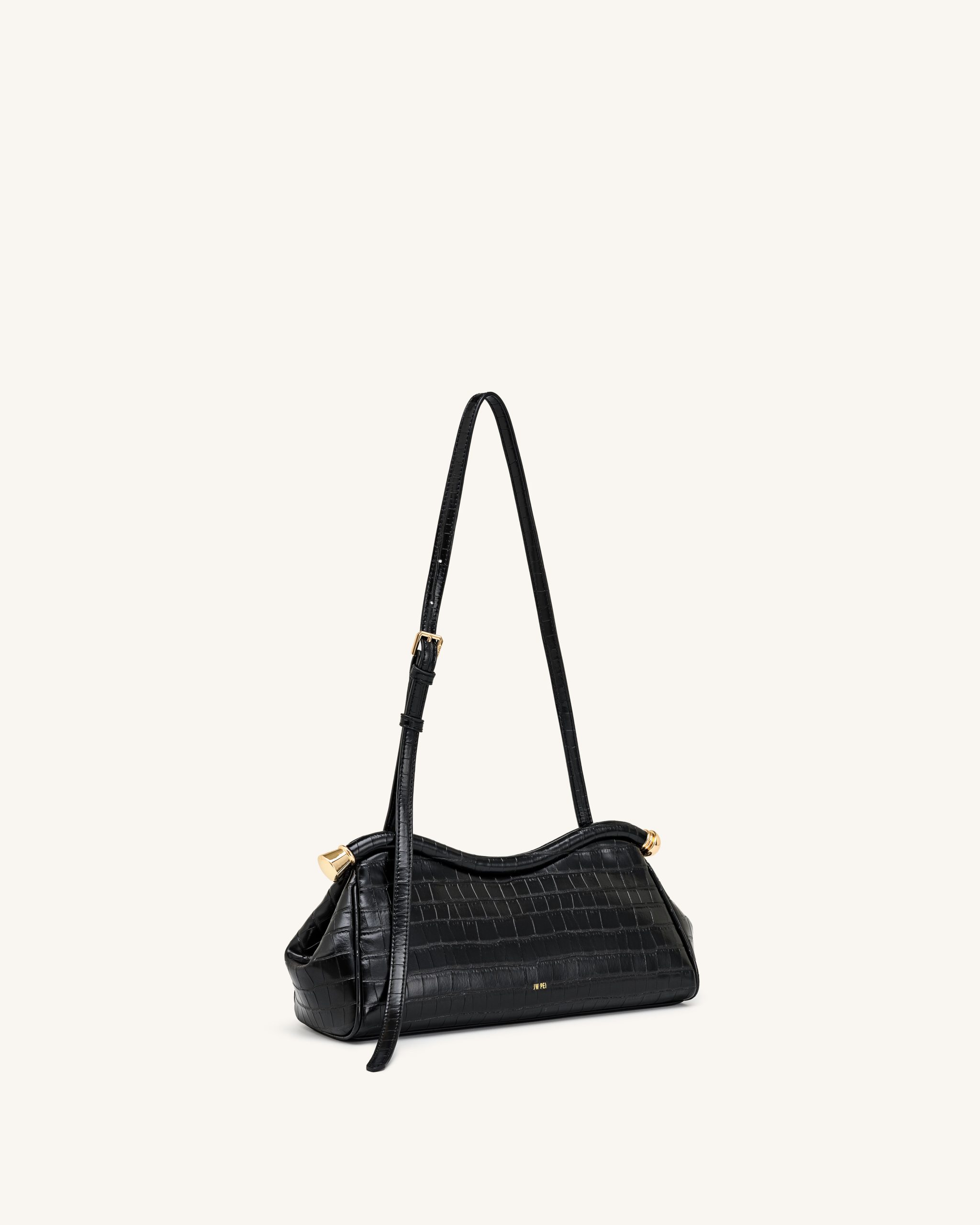 Naomi Curved Shoulder Bag - Black Croc - Image 2