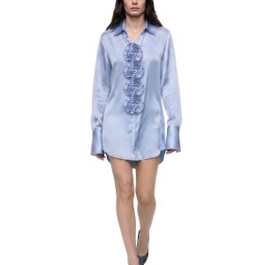 3D Floral Satin Button-Down Shirt - Light Blue