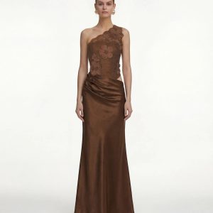 Floral One Shoulder Satin Dress - Brown