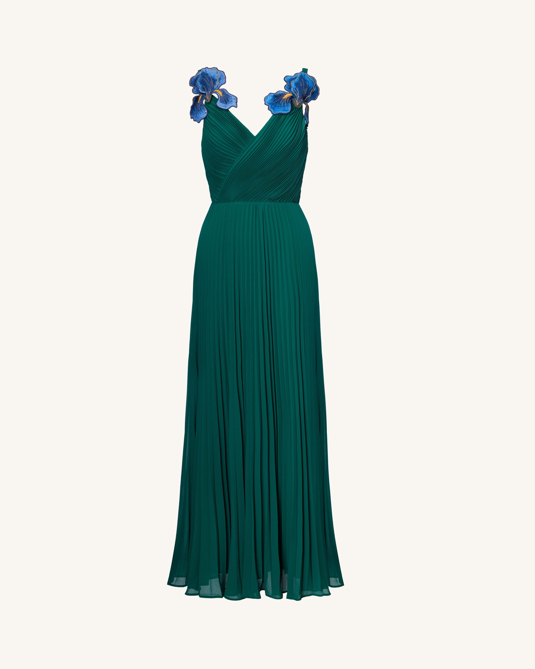 Iris Embroidered Pleated V-Neck Maxi Dress - Emerald Green - Image 3