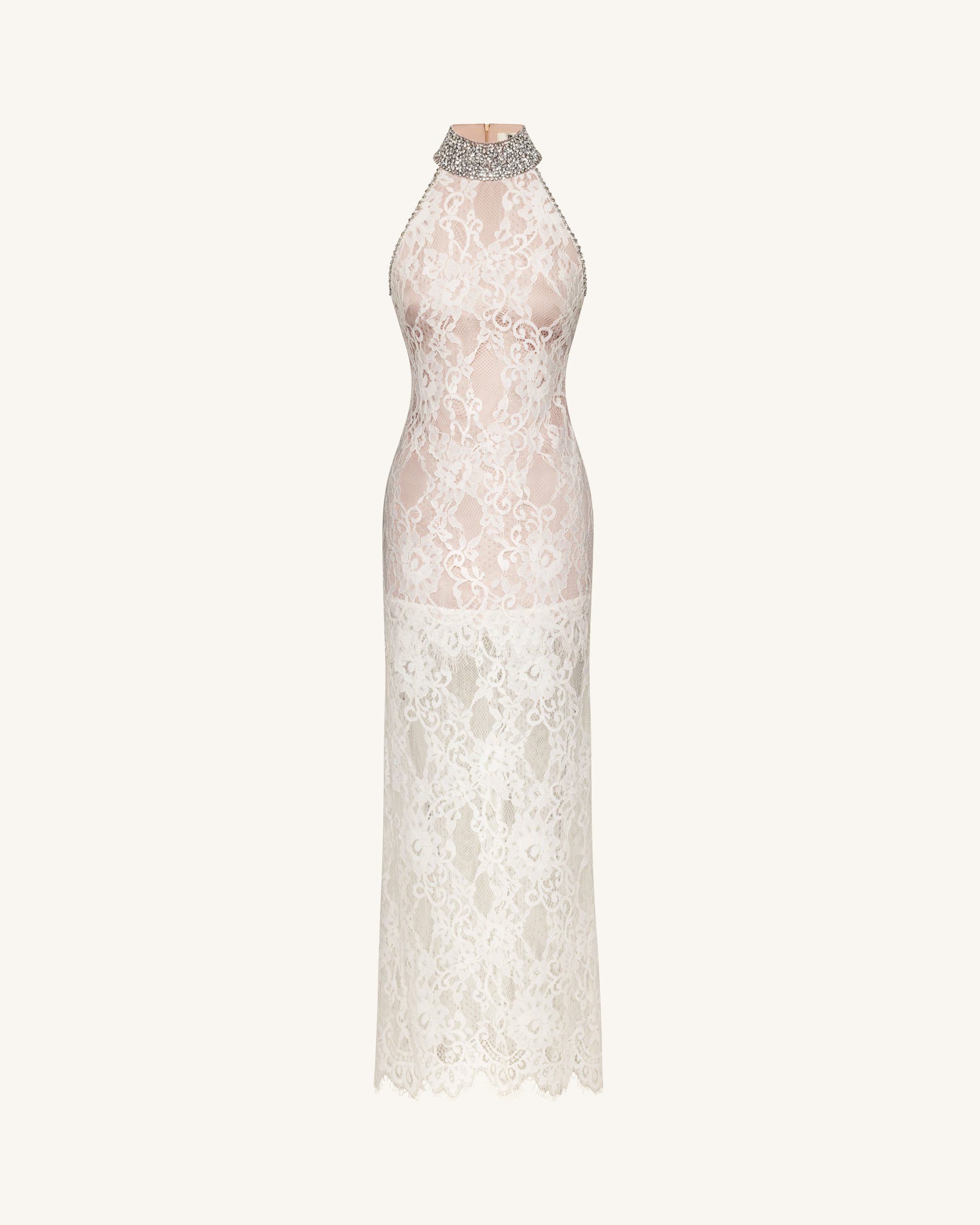 Jeweled Lace Halter Dress - White - Image 3