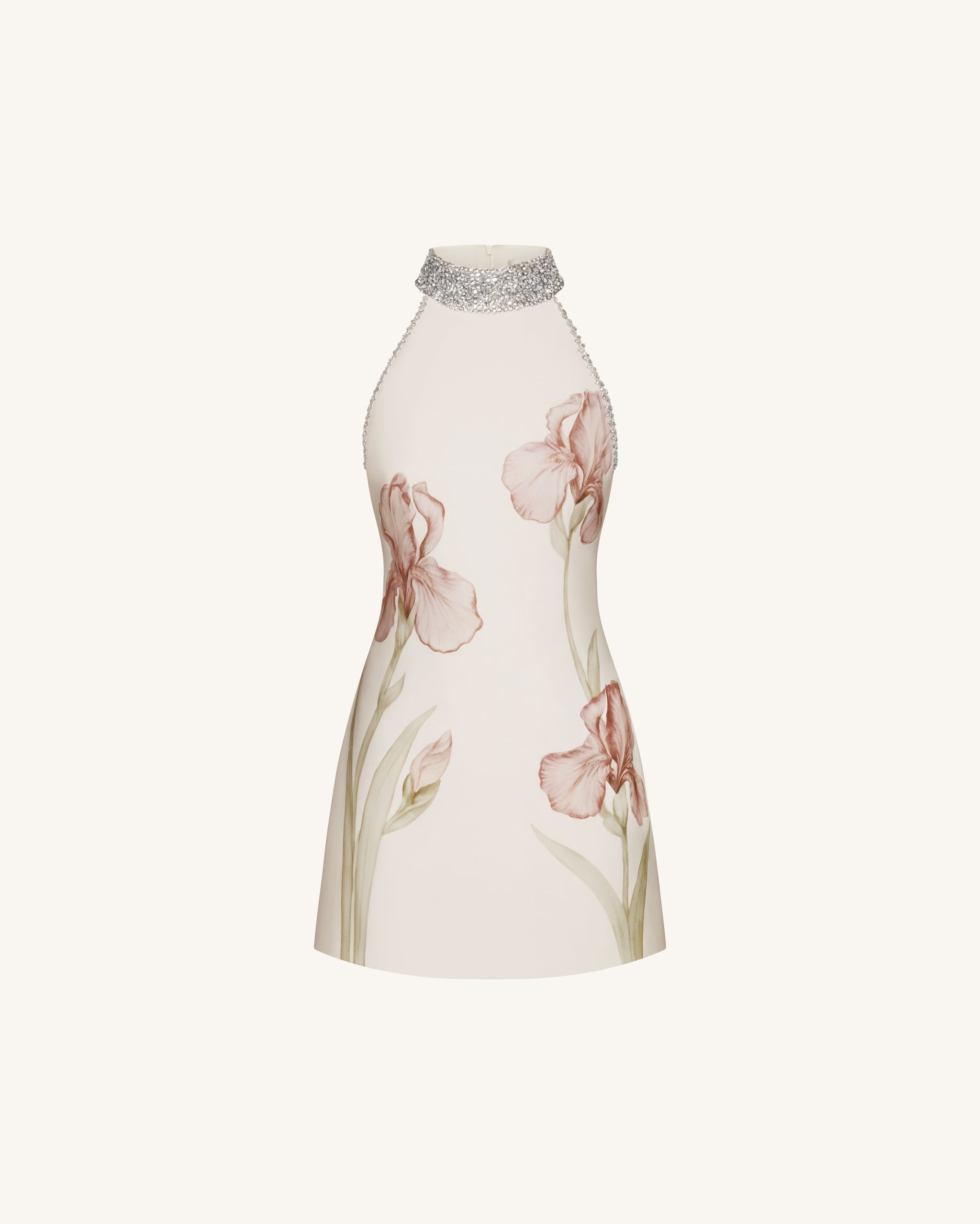 Jeweled Halter Iris Motif Dress - Ivory/Pink - Image 3