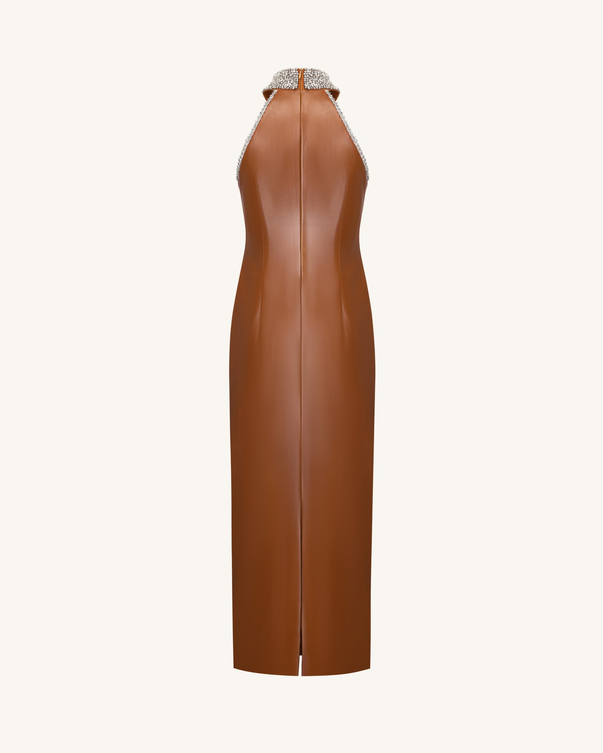 Jeweled High Neck Halter Maxi Dress - Caramel Brown - Image 4