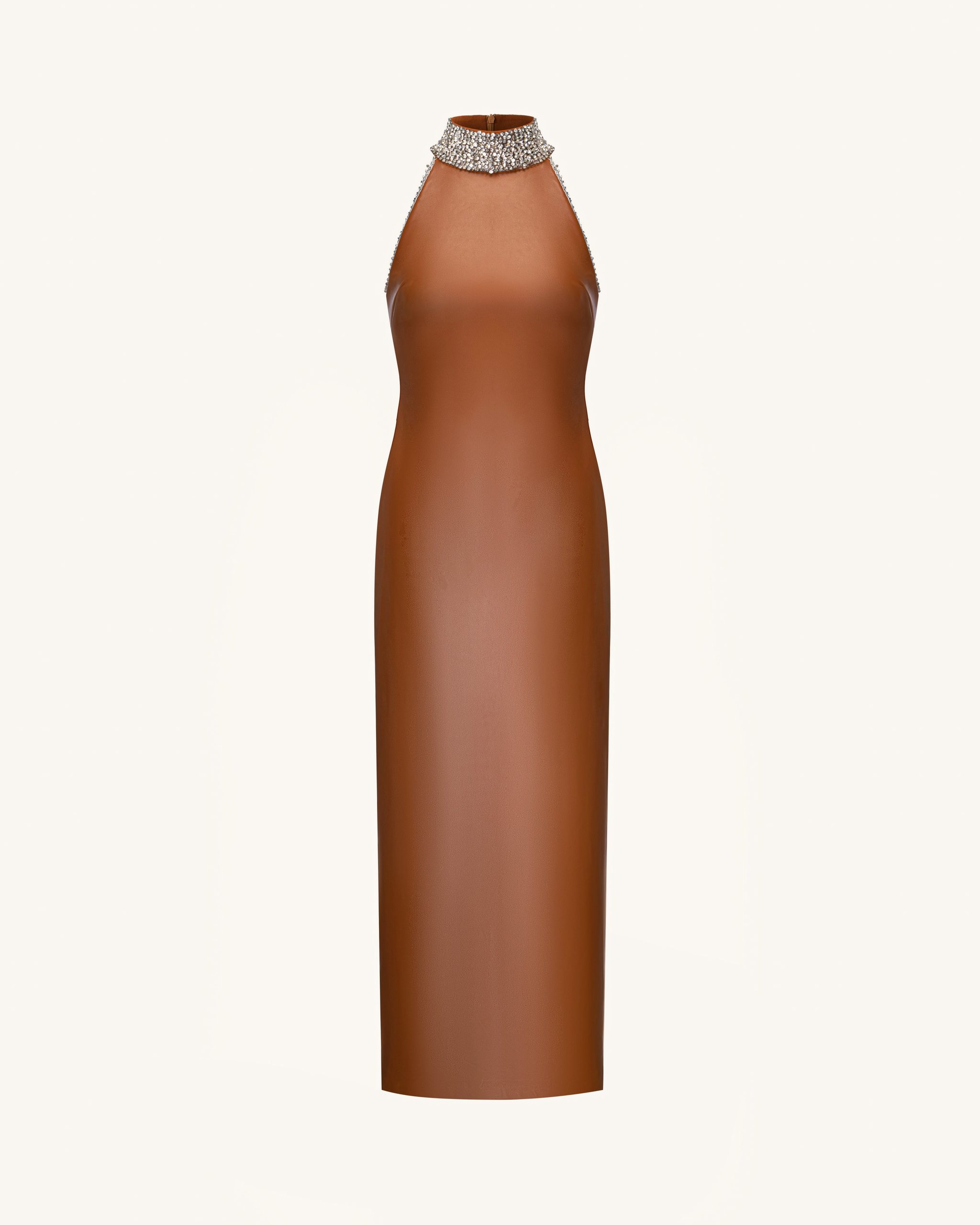 Jeweled High Neck Halter Maxi Dress - Caramel Brown - Image 3