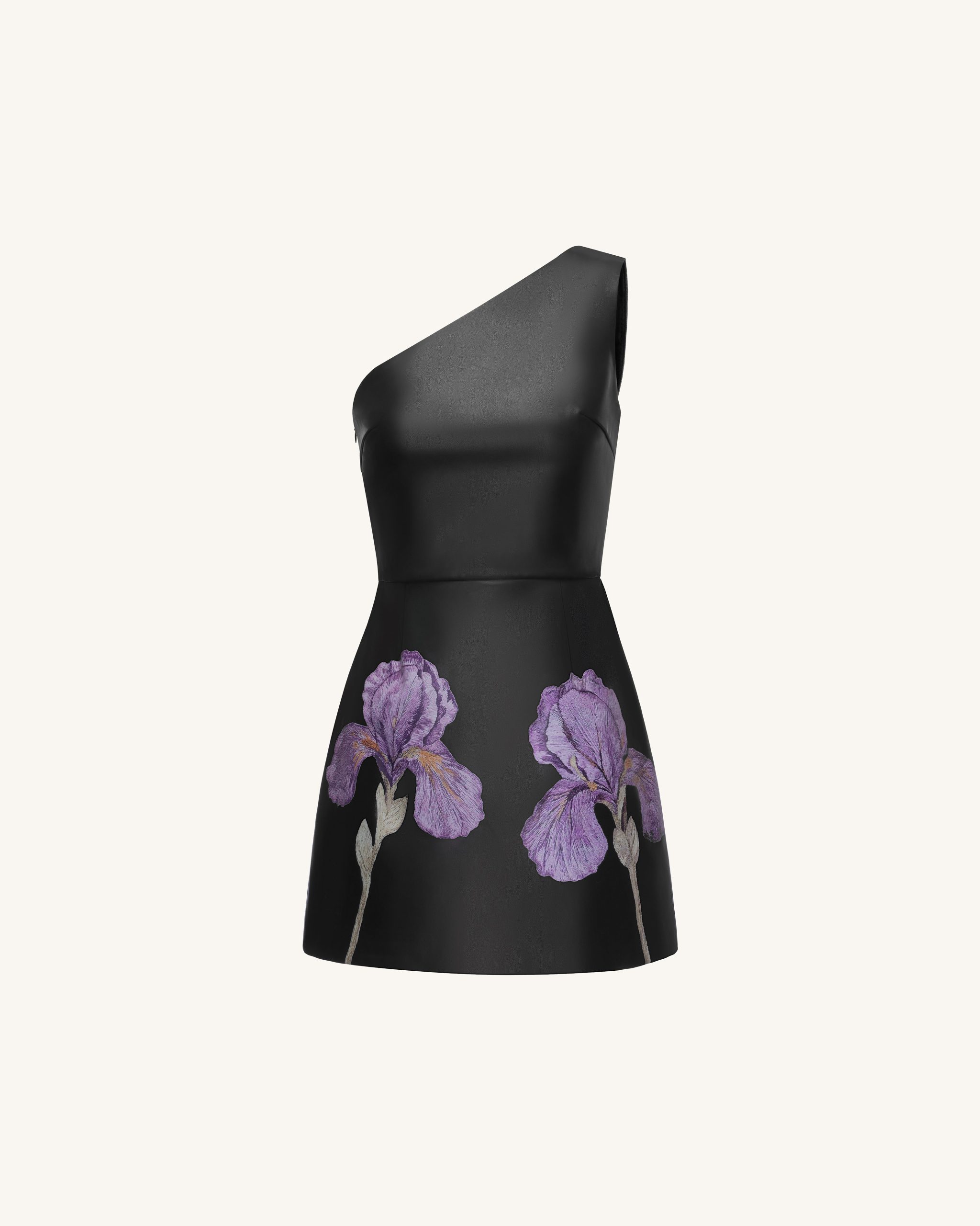 Iris Floral-Print One-Shoulder Leather Mini Dress - Black - Image 2