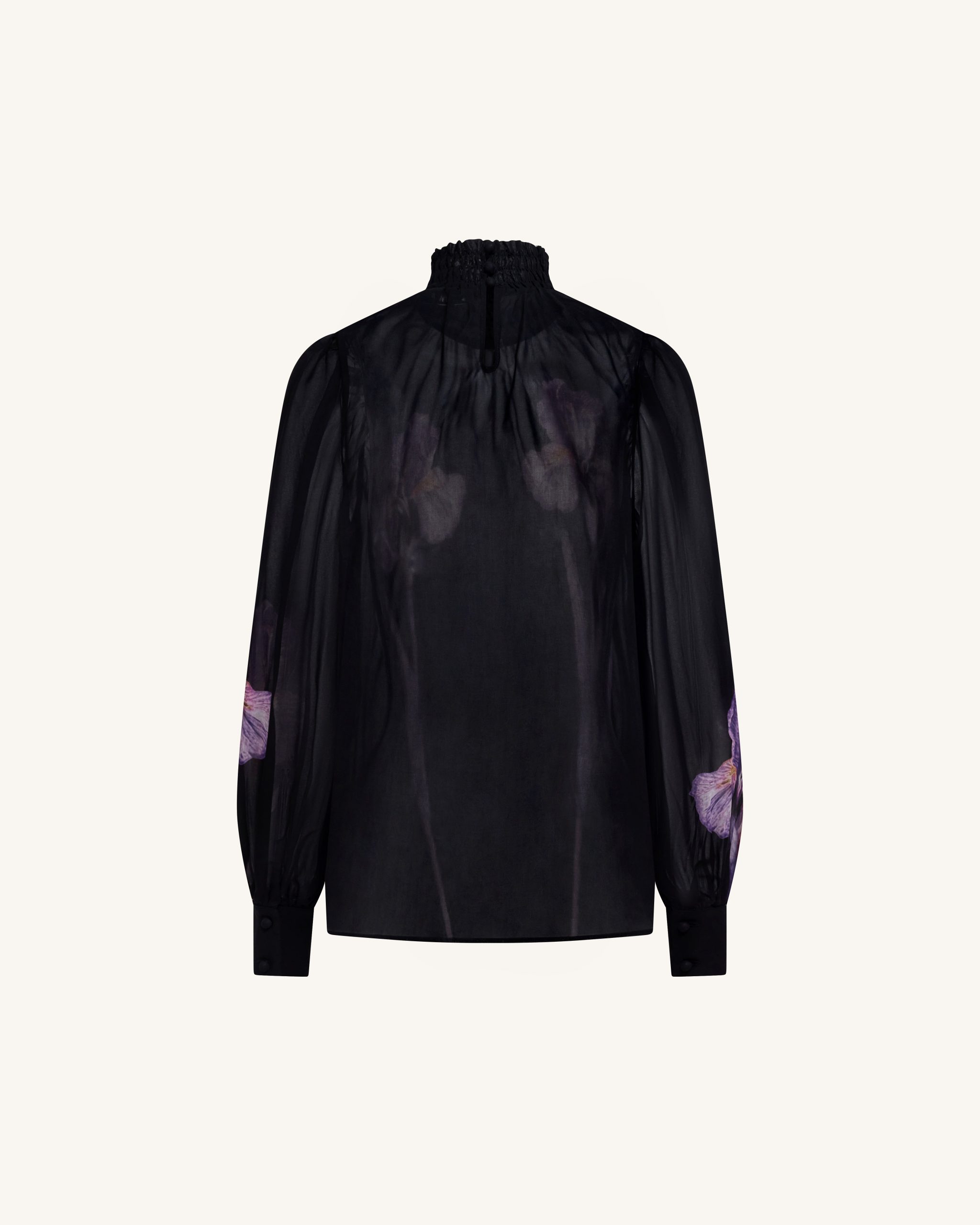 Iris Print Sheer High Neck Blouse - Black/Purple - Image 4