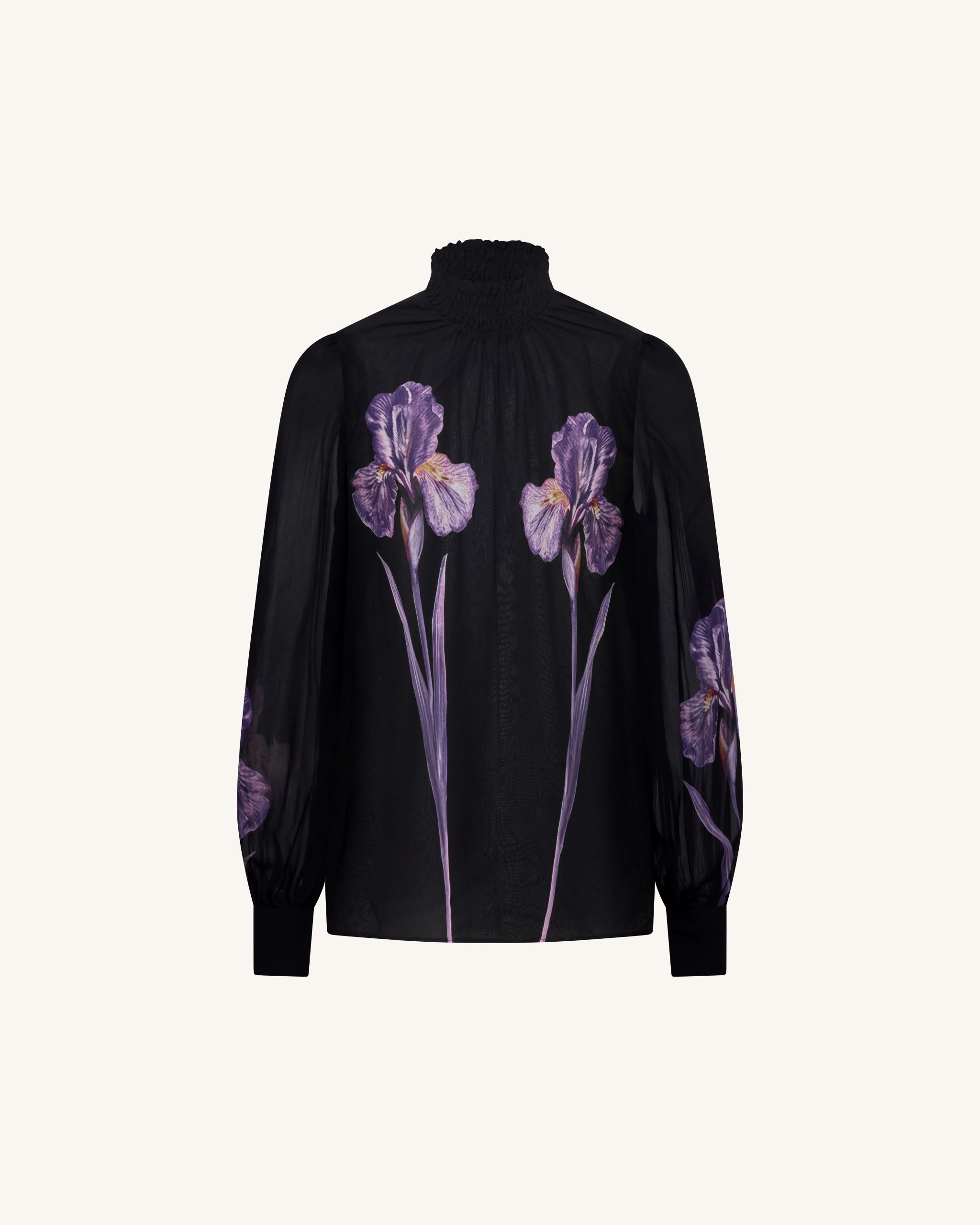Iris Print Sheer High Neck Blouse - Black/Purple - Image 3