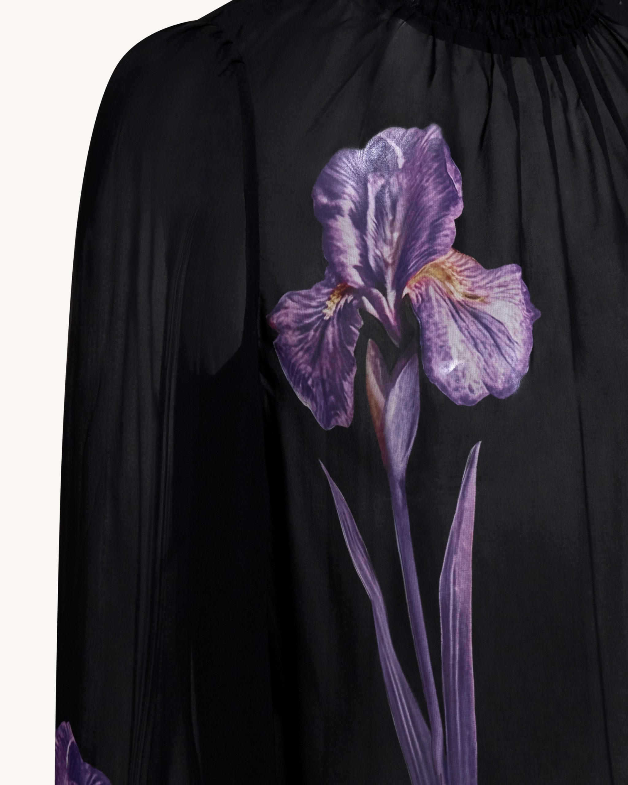 Iris Print Sheer High Neck Blouse - Black/Purple - Image 5