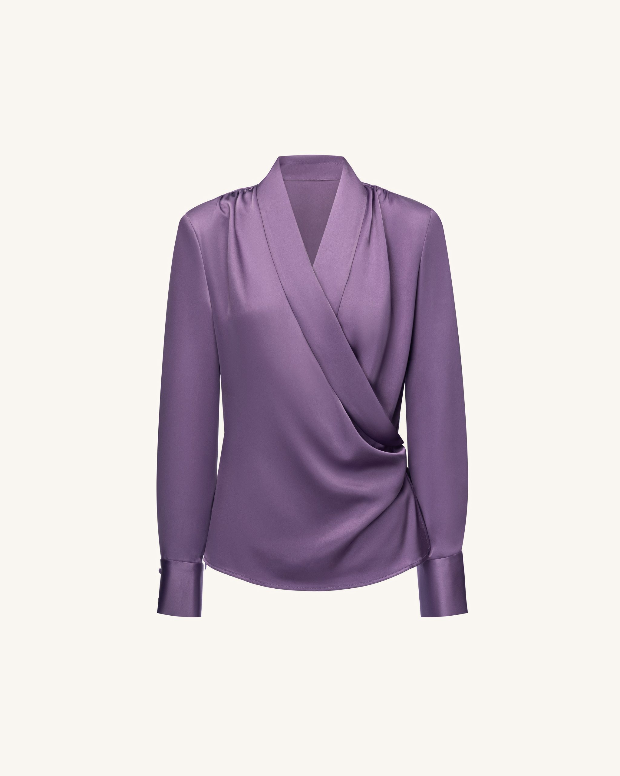 Satin Wrap V Neck Long Sleeve Blouse - Dusty Mauve - Image 2