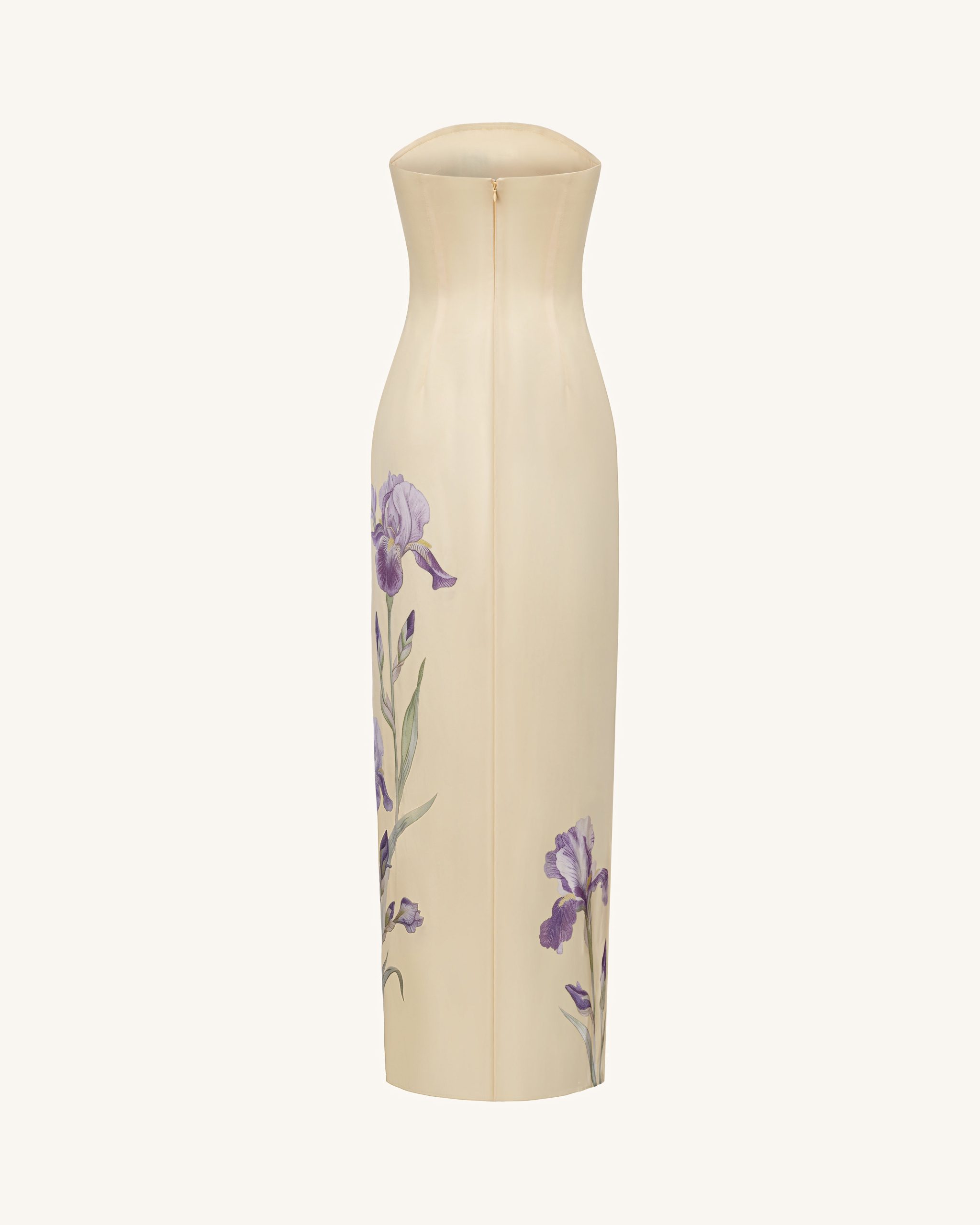 Iris Print Strapless Satin Slit Maxi Dress - Soft Yellow - Image 3
