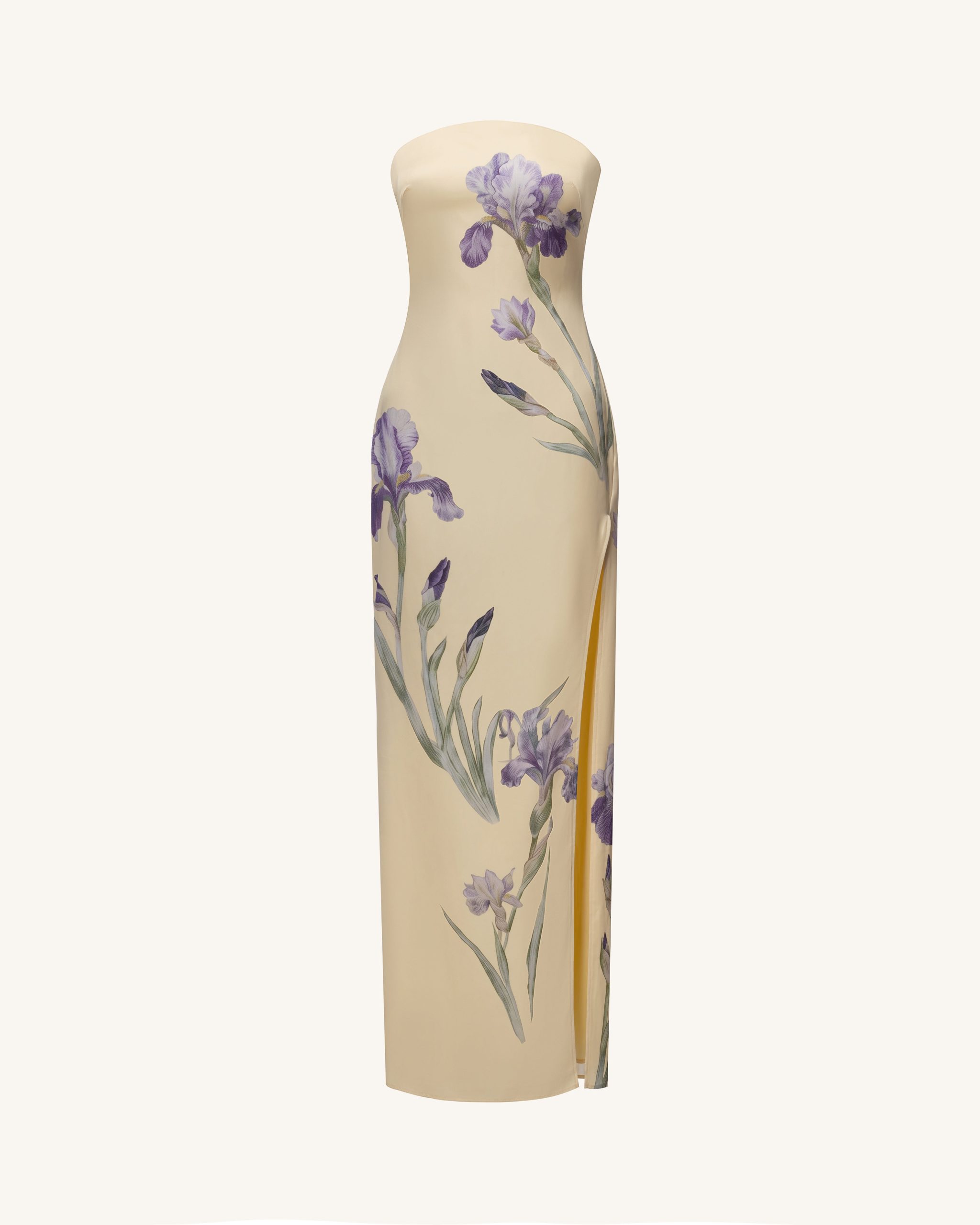 Iris Print Strapless Satin Slit Maxi Dress - Soft Yellow - Image 2
