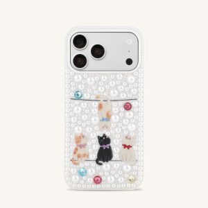Pearl-Embellished Playful Cats Phone Case - White