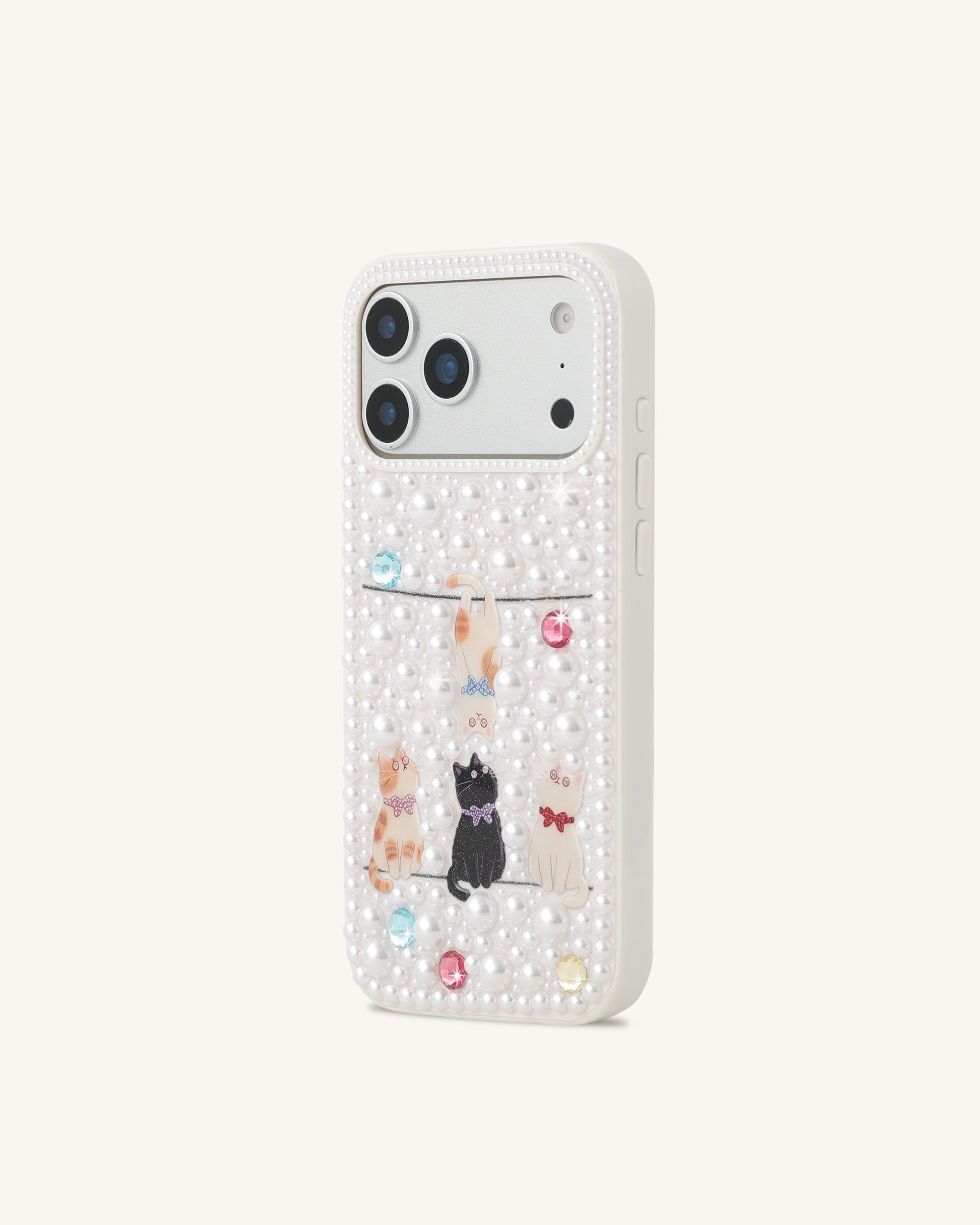 Pearl-Embellished Playful Cats Phone Case - White - Image 2