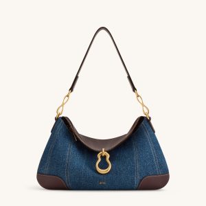 Jayla Metal Pendant Embellished Shoulder Bag - Blue Denim