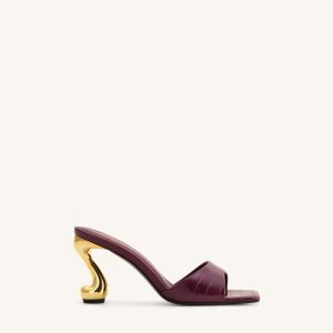 Hannah Croc-Embossed Heel Mules - Burgundy