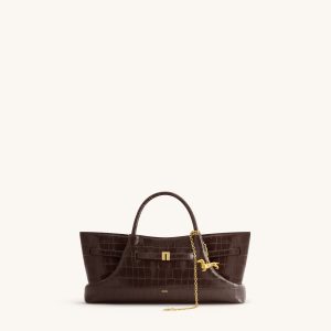 Maeve Dachshund Metal Charm Tote Bag - Dark Brown Croc