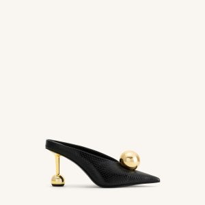 Sofia Angled Vamp Snakeskin Heel Mules - Black